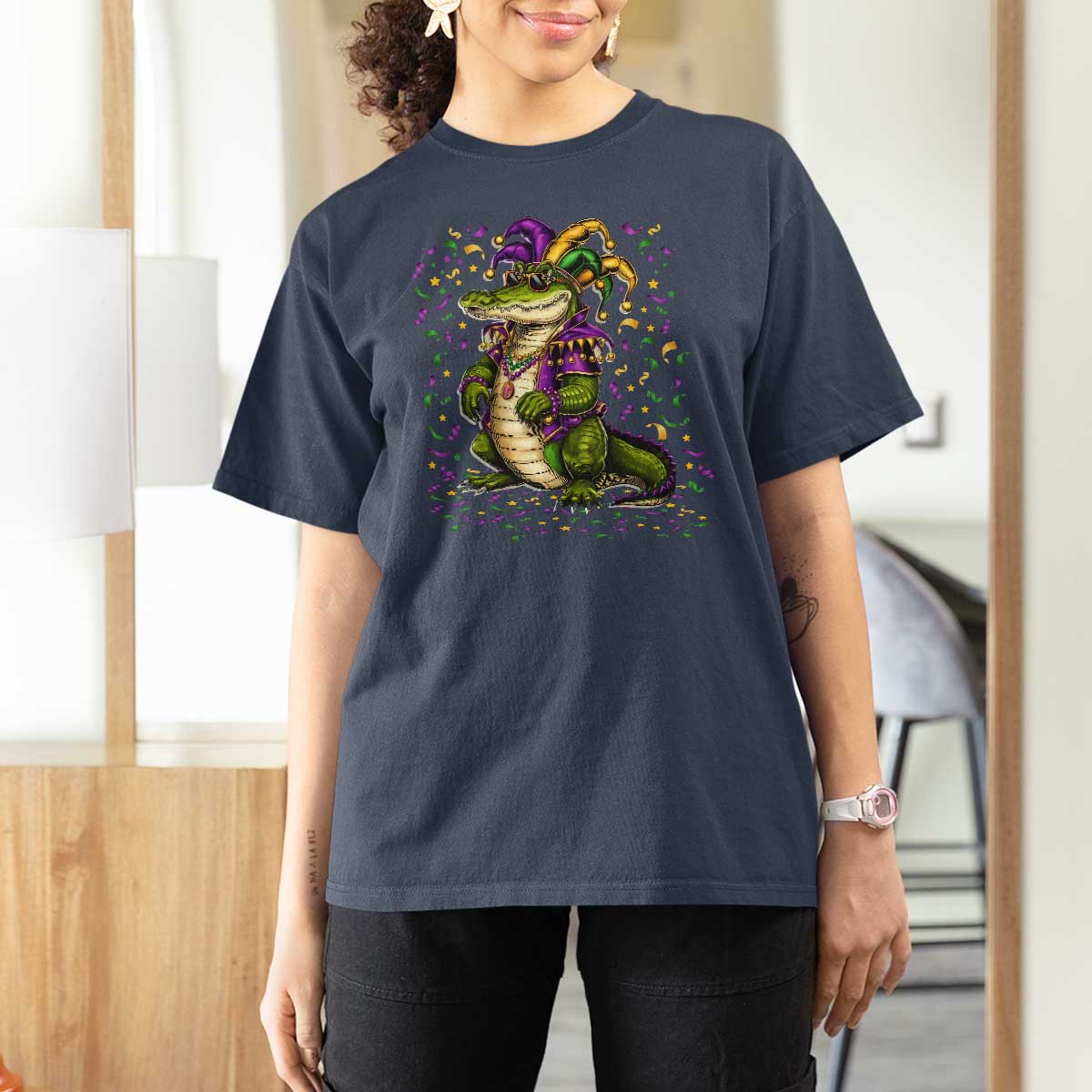 Mardigator Mardi Gras T Shirt For Women Alligator Louisiana New Orleans Party Custume Beads - Wonder Print Shop