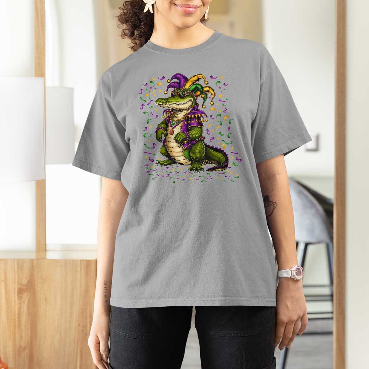 Mardigator Mardi Gras T Shirt For Women Alligator Louisiana New Orleans Party Custume Beads - Wonder Print Shop