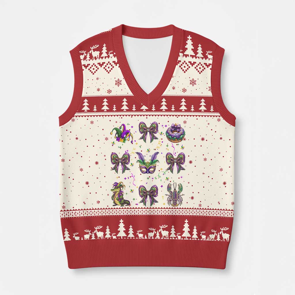 Mardi Gras Coquette V-Neck Knit Sweater Vest Glitter Print Louisiana New Orleans Party Custume Beads - Wonder Print Shop
