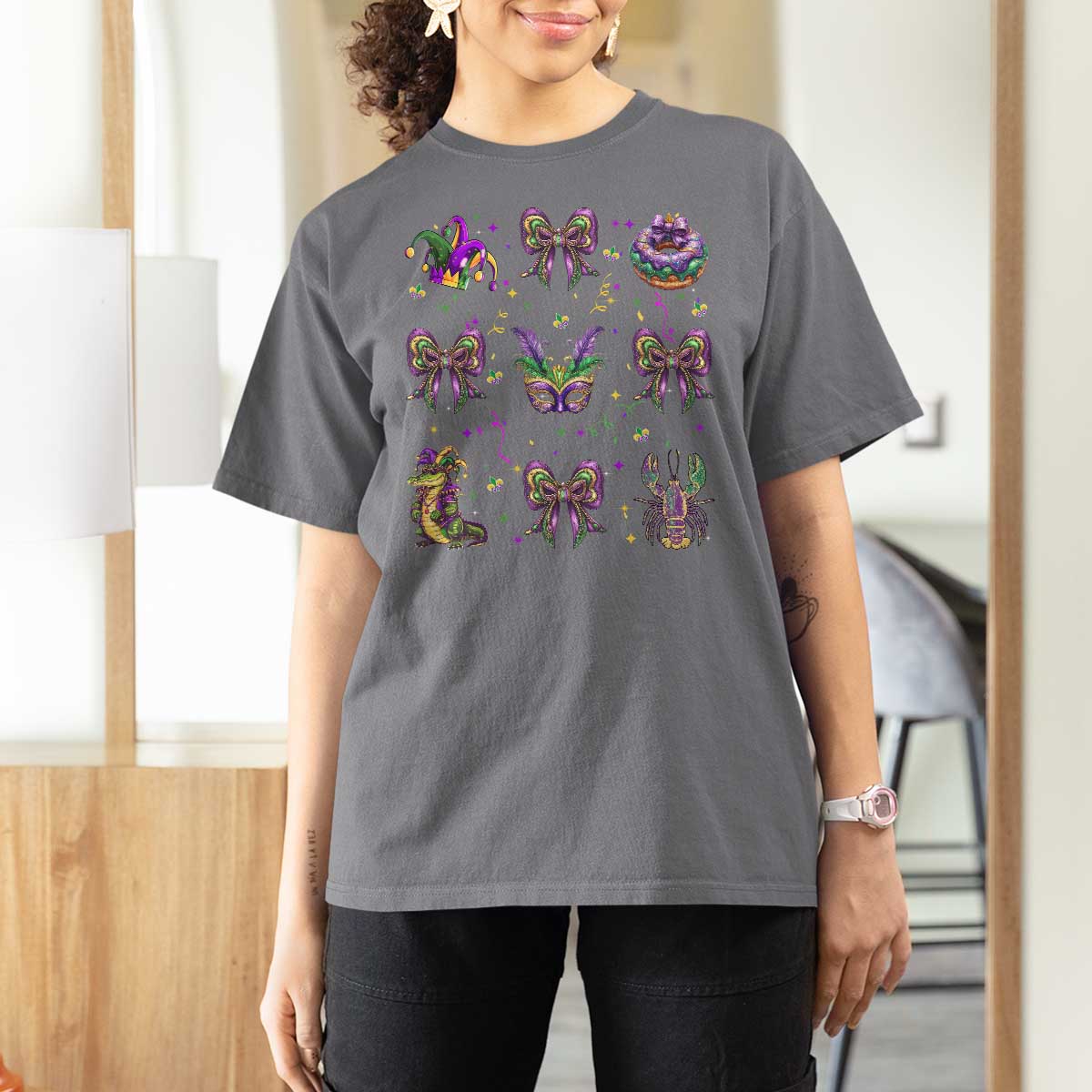 Mardi Gras Coquette T Shirt For Women Glitter Print Louisiana New Orleans Party Custume Beads - Wonder Print Shop