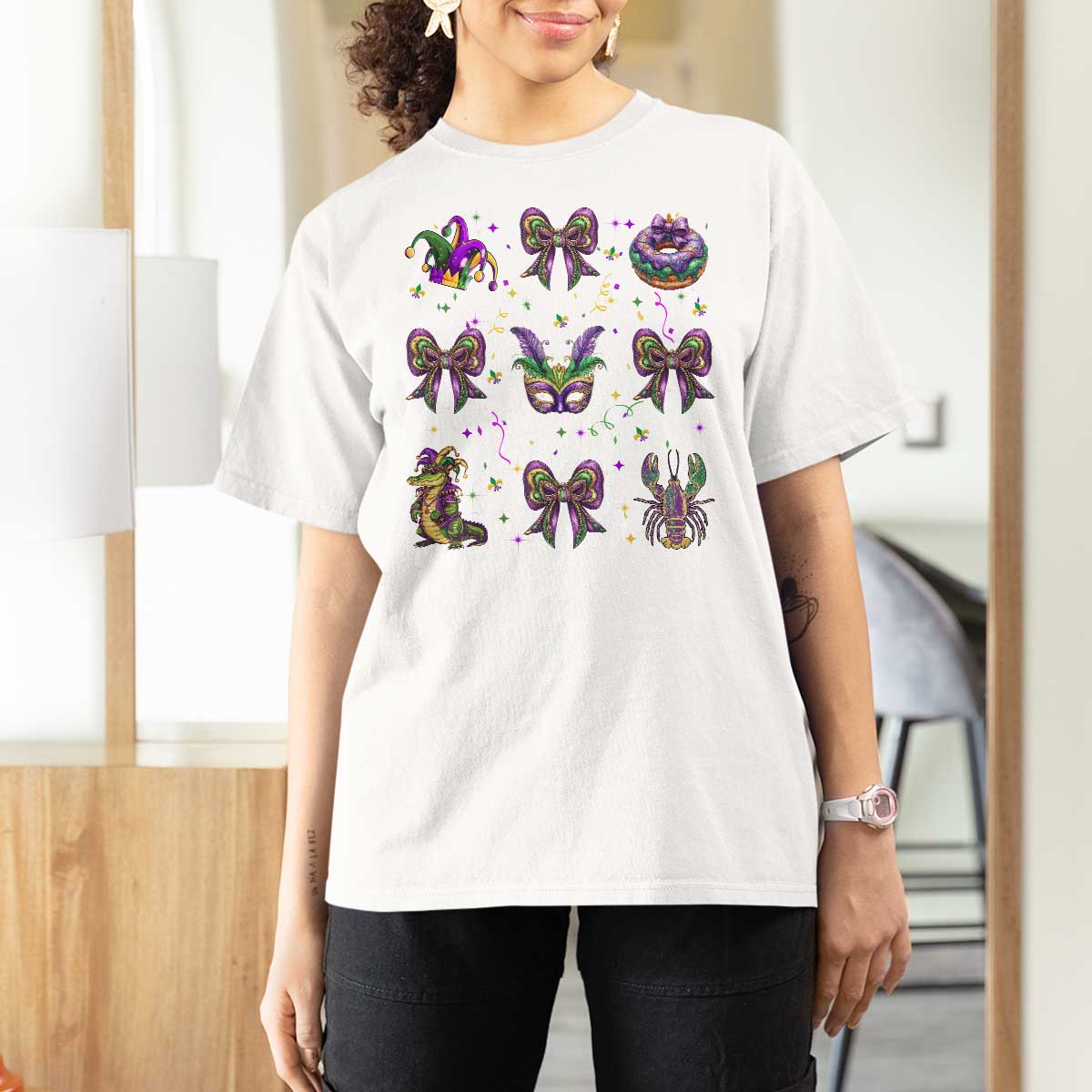 Mardi Gras Coquette T Shirt For Women Glitter Print Louisiana New Orleans Party Custume Beads - Wonder Print Shop
