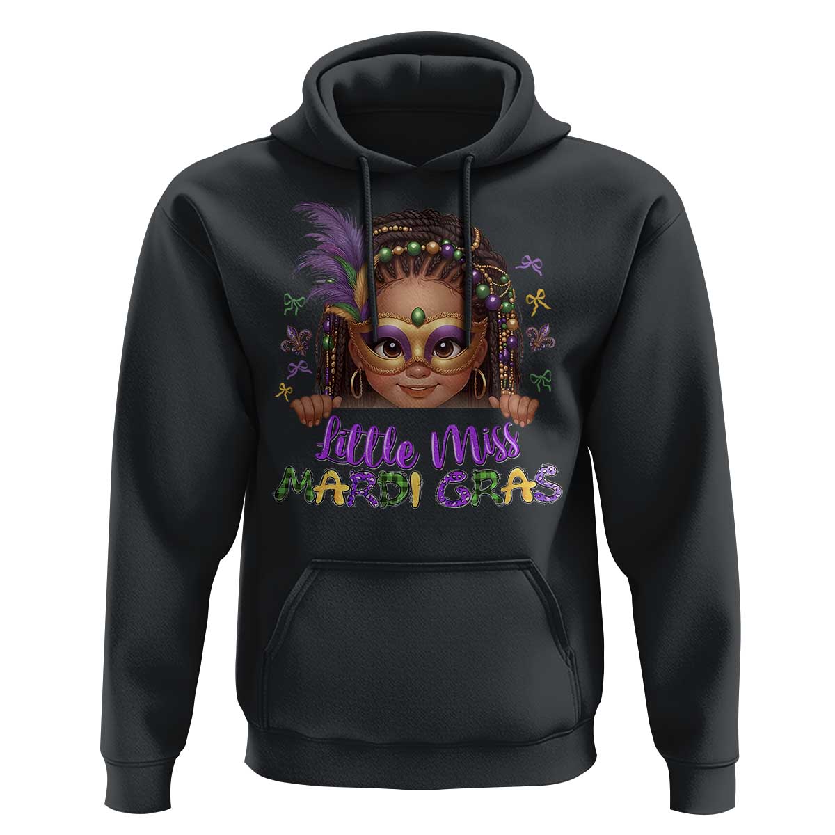 Little Miss Mardi Gras Hoodie Afro Messy Bun Girls Kids Mask Cute New Orleans - Wonder Print Shop