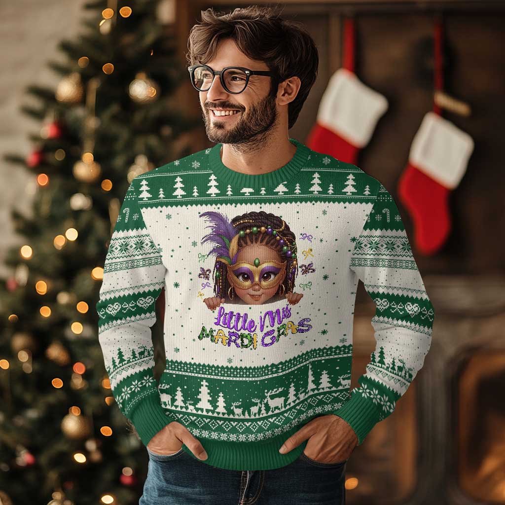 Little Miss Mardi Gras Ugly Christmas Sweater Afro Messy Bun Girls Kids Mask Cute New Orleans - Wonder Print Shop