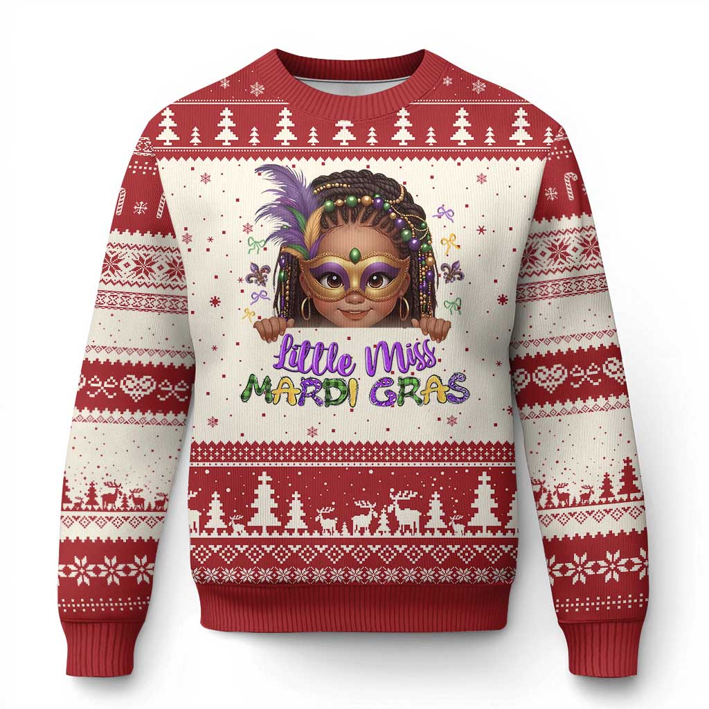 Little Miss Mardi Gras Ugly Christmas Sweater Afro Messy Bun Girls Kids Mask Cute New Orleans - Wonder Print Shop