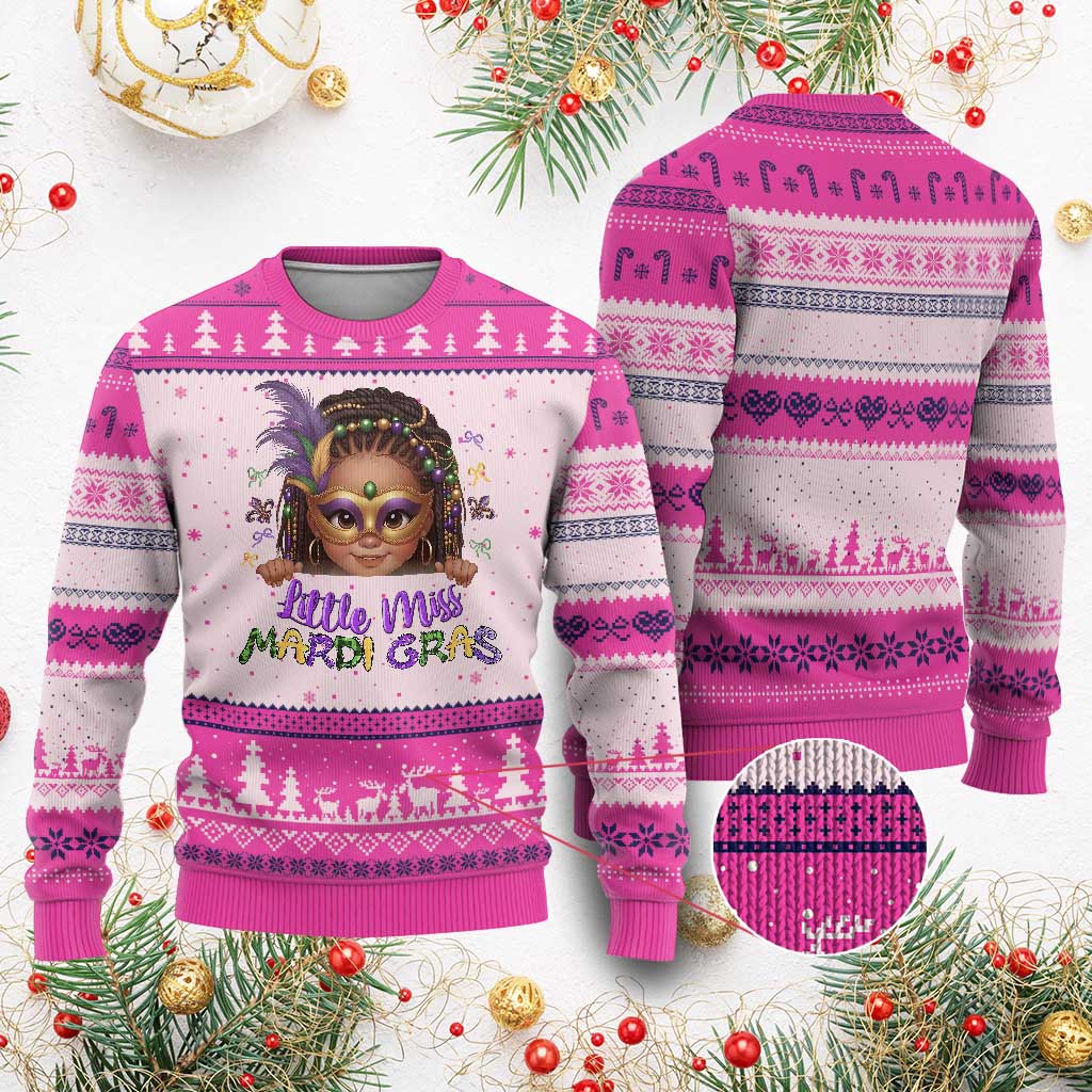 Little Miss Mardi Gras Ugly Christmas Sweater Afro Messy Bun Girls Kids Mask Cute New Orleans - Wonder Print Shop