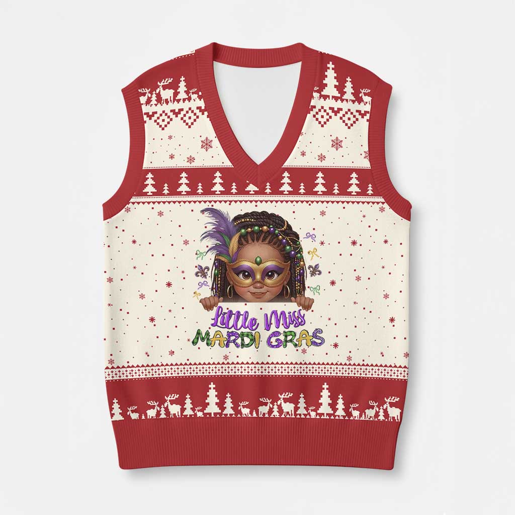 Little Miss Mardi Gras V-Neck Knit Sweater Vest Afro Messy Bun Girls Kids Mask Cute New Orleans - Wonder Print Shop