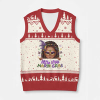 Little Miss Mardi Gras V-Neck Knit Sweater Vest Afro Messy Bun Girls Kids Mask Cute New Orleans - Wonder Print Shop