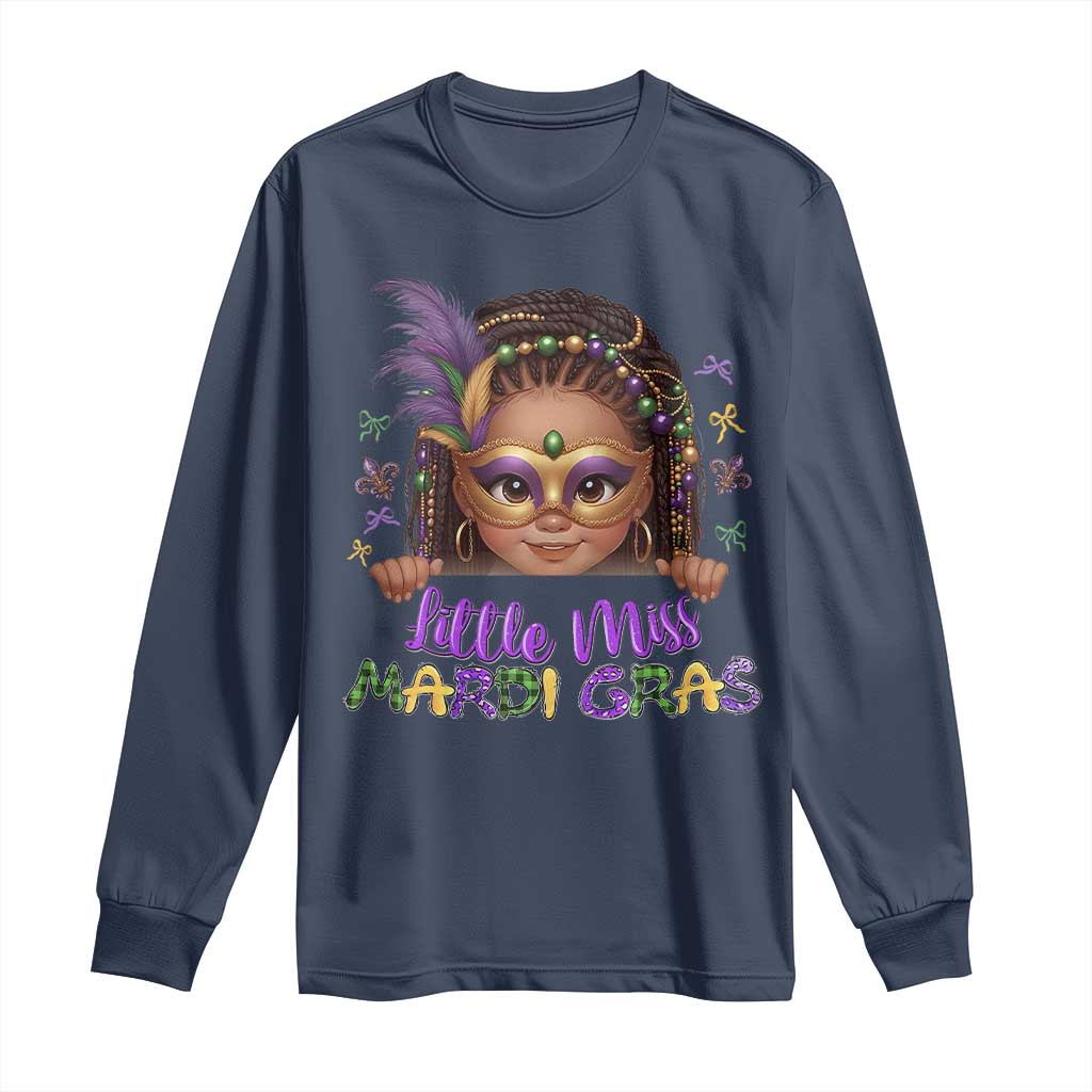 Little Miss Mardi Gras Long Sleeve Shirt Afro Messy Bun Girls Kids Mask Cute New Orleans - Wonder Print Shop