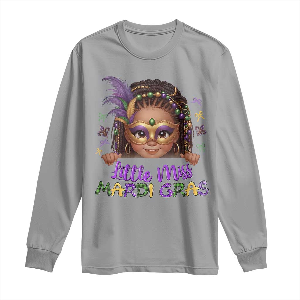 Little Miss Mardi Gras Long Sleeve Shirt Afro Messy Bun Girls Kids Mask Cute New Orleans - Wonder Print Shop