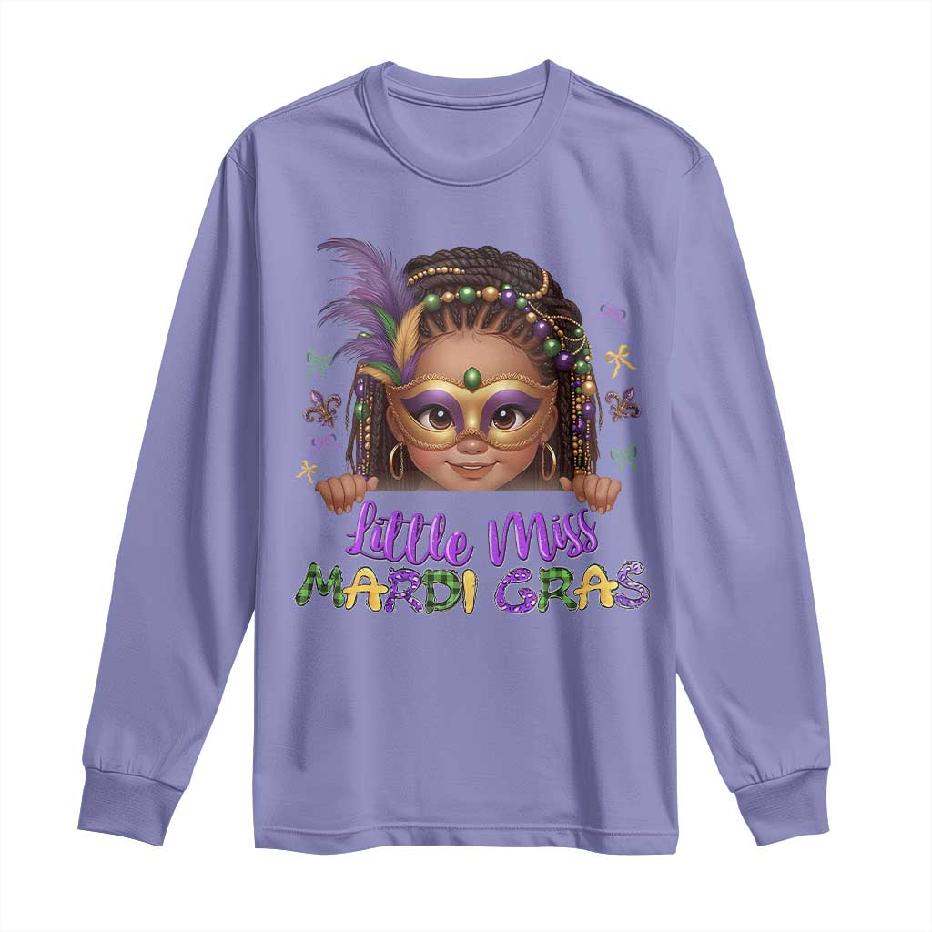 Little Miss Mardi Gras Long Sleeve Shirt Afro Messy Bun Girls Kids Mask Cute New Orleans - Wonder Print Shop