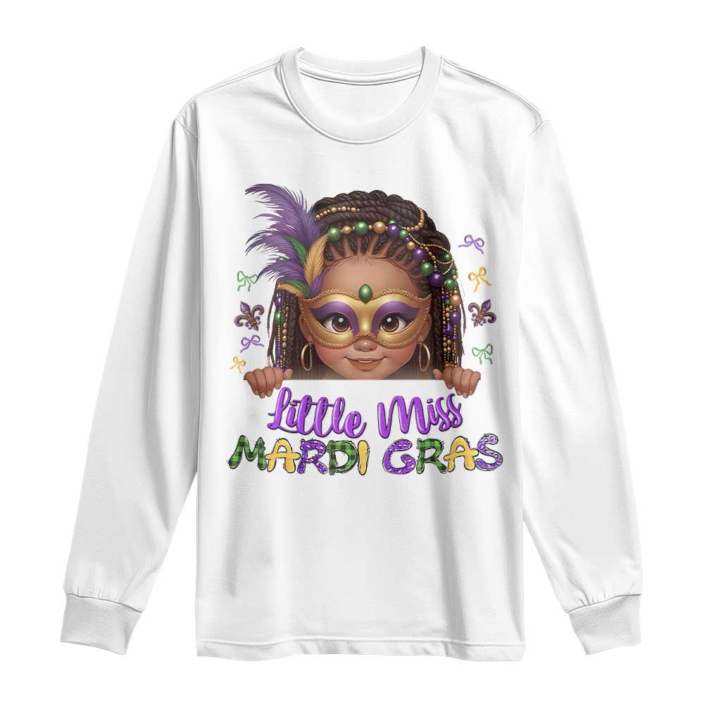 Little Miss Mardi Gras Long Sleeve Shirt Afro Messy Bun Girls Kids Mask Cute New Orleans - Wonder Print Shop