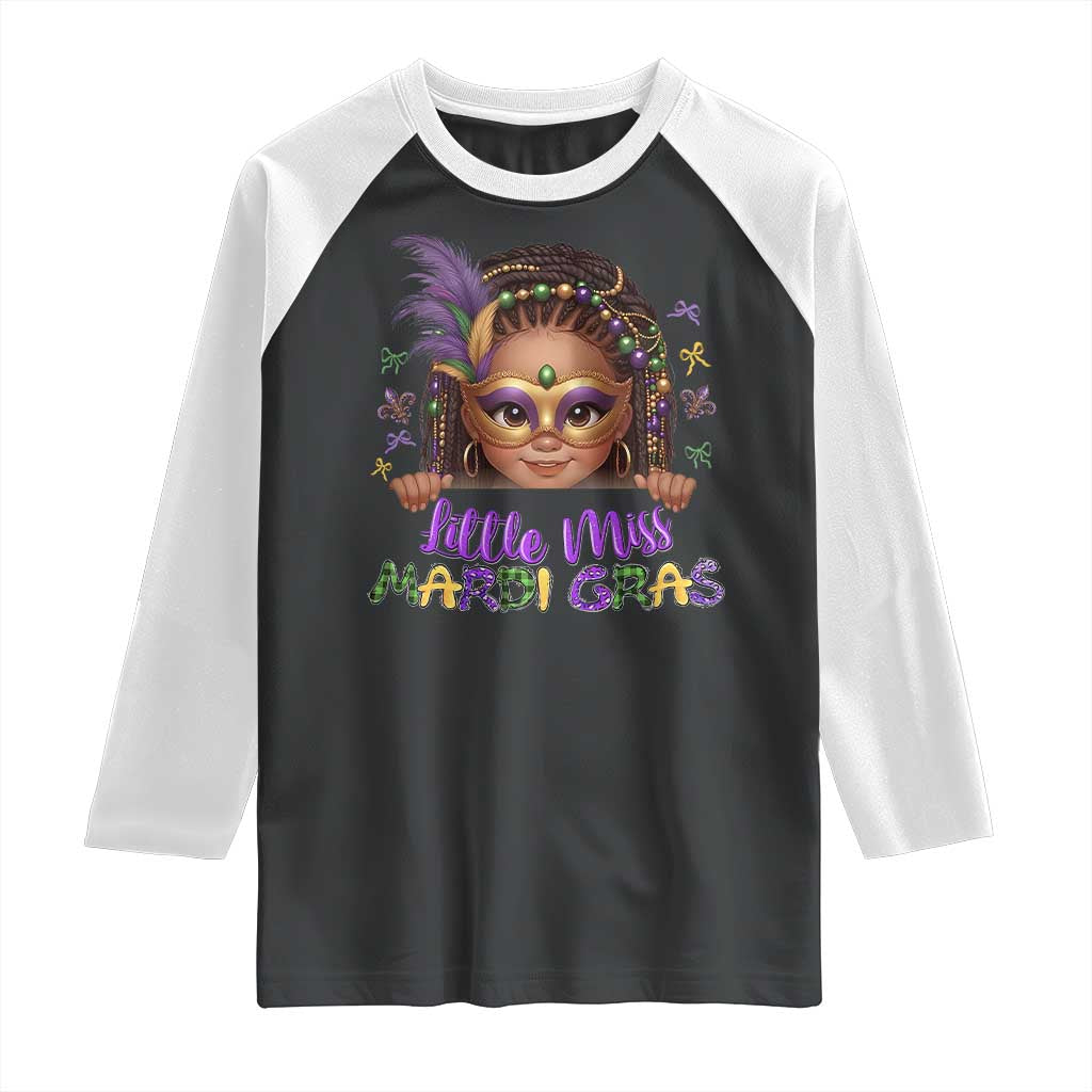 Little Miss Mardi Gras Raglan Shirt Afro Messy Bun Girls Kids Mask Cute New Orleans - Wonder Print Shop