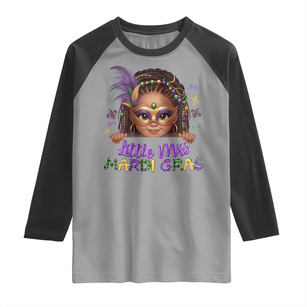 Little Miss Mardi Gras Raglan Shirt Afro Messy Bun Girls Kids Mask Cute New Orleans - Wonder Print Shop
