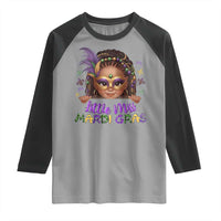 Little Miss Mardi Gras Raglan Shirt Afro Messy Bun Girls Kids Mask Cute New Orleans - Wonder Print Shop