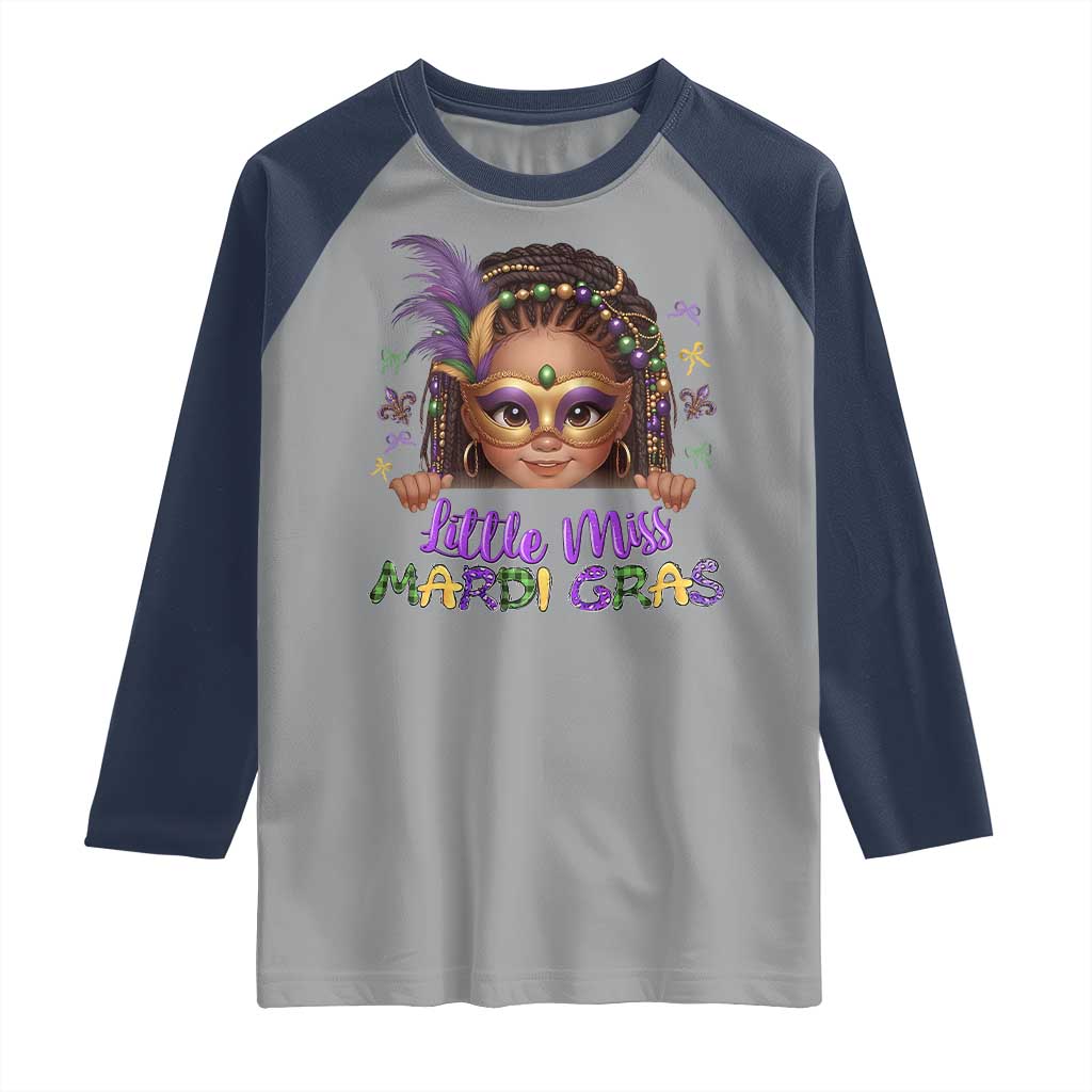 Little Miss Mardi Gras Raglan Shirt Afro Messy Bun Girls Kids Mask Cute New Orleans - Wonder Print Shop