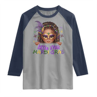 Little Miss Mardi Gras Raglan Shirt Afro Messy Bun Girls Kids Mask Cute New Orleans - Wonder Print Shop