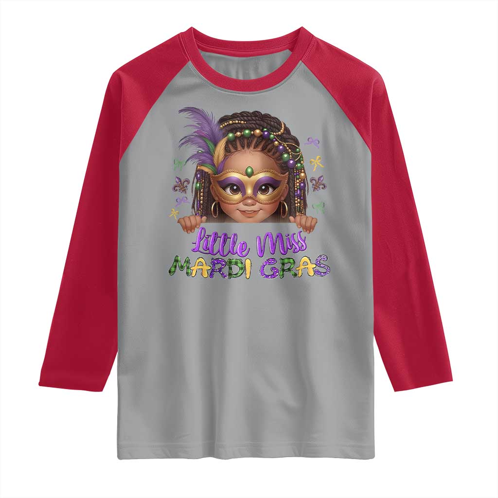 Little Miss Mardi Gras Raglan Shirt Afro Messy Bun Girls Kids Mask Cute New Orleans - Wonder Print Shop