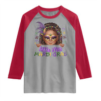 Little Miss Mardi Gras Raglan Shirt Afro Messy Bun Girls Kids Mask Cute New Orleans - Wonder Print Shop