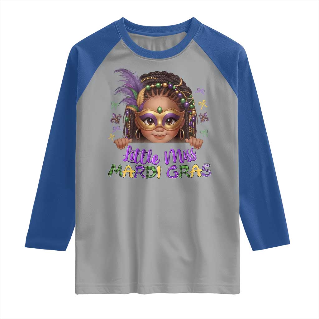 Little Miss Mardi Gras Raglan Shirt Afro Messy Bun Girls Kids Mask Cute New Orleans - Wonder Print Shop