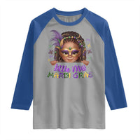 Little Miss Mardi Gras Raglan Shirt Afro Messy Bun Girls Kids Mask Cute New Orleans - Wonder Print Shop