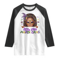 Little Miss Mardi Gras Raglan Shirt Afro Messy Bun Girls Kids Mask Cute New Orleans - Wonder Print Shop