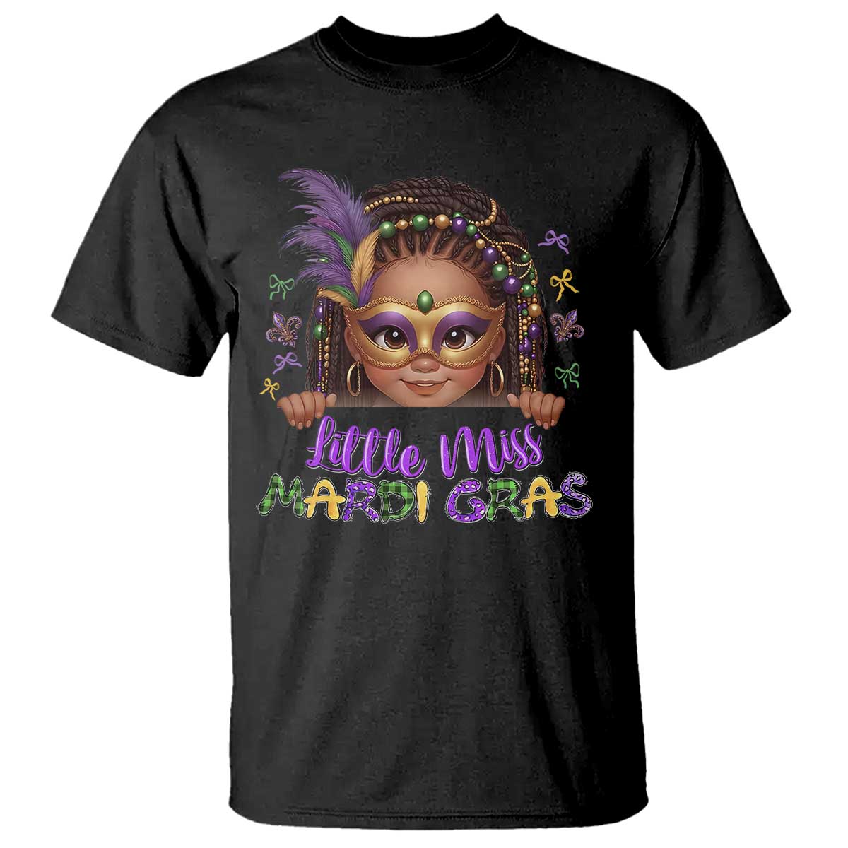 Little Miss Mardi Gras T Shirt Afro Messy Bun Girls Kids Mask Cute New Orleans - Wonder Print Shop