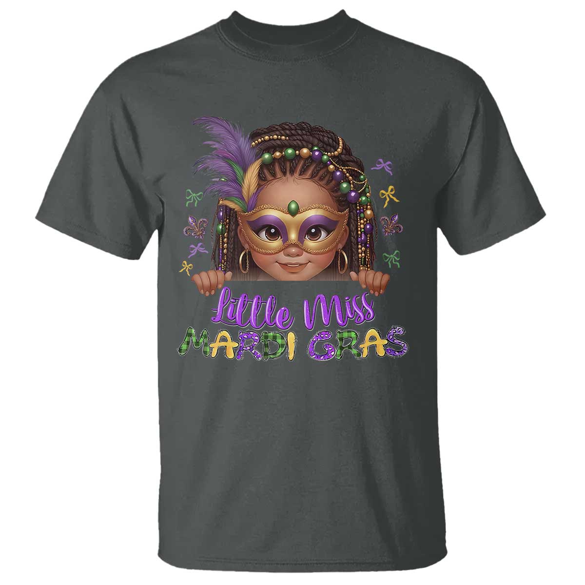 Little Miss Mardi Gras T Shirt Afro Messy Bun Girls Kids Mask Cute New Orleans - Wonder Print Shop