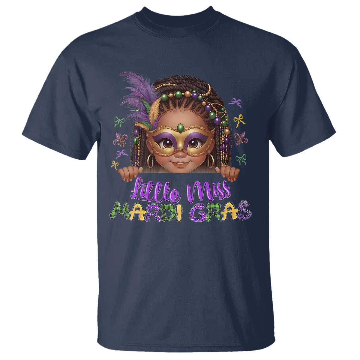 Little Miss Mardi Gras T Shirt Afro Messy Bun Girls Kids Mask Cute New Orleans - Wonder Print Shop