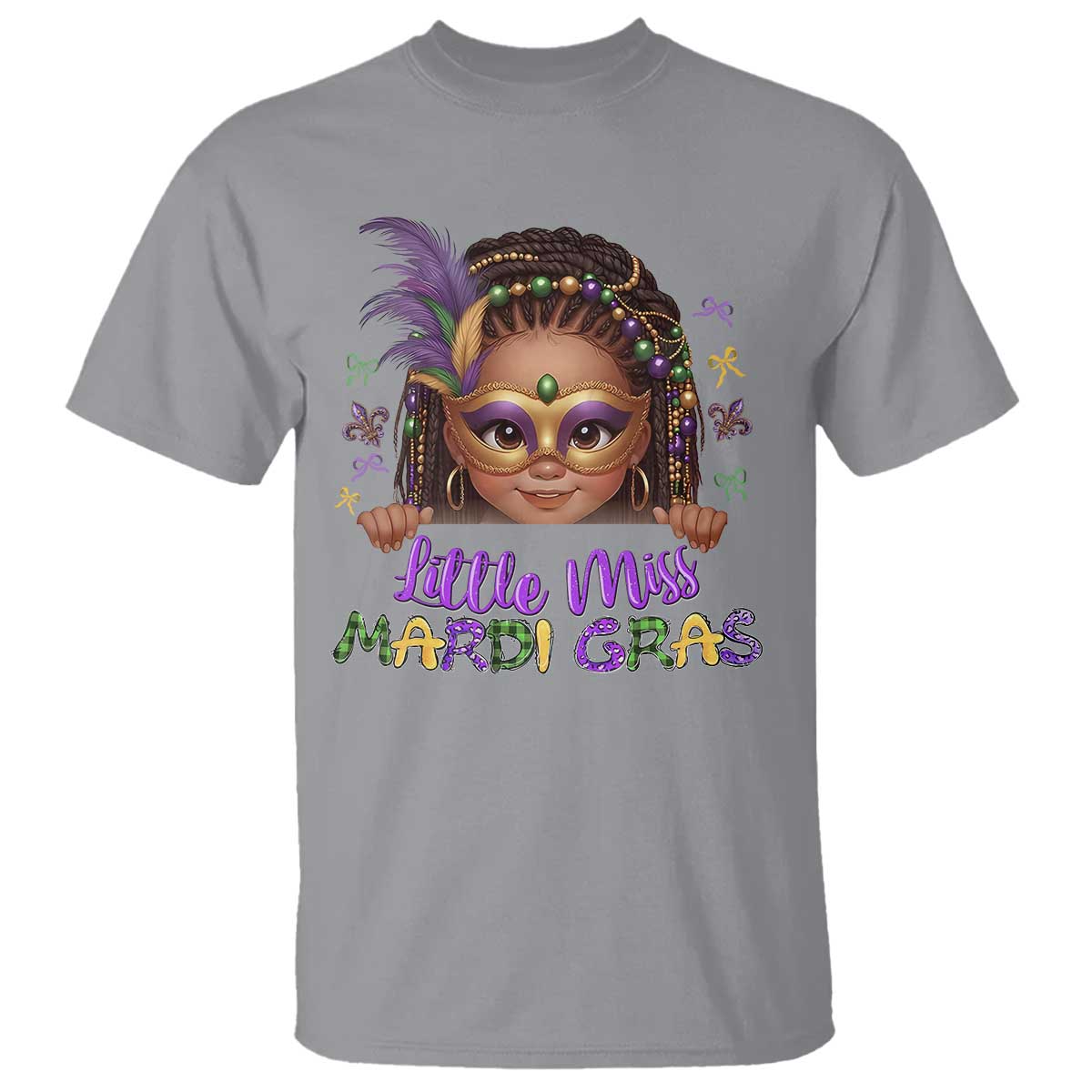 Little Miss Mardi Gras T Shirt Afro Messy Bun Girls Kids Mask Cute New Orleans - Wonder Print Shop
