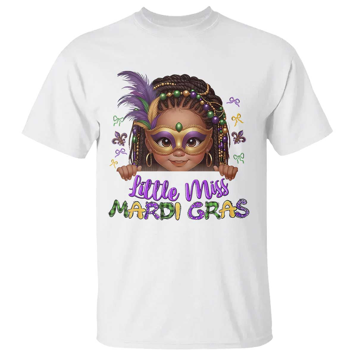Little Miss Mardi Gras T Shirt Afro Messy Bun Girls Kids Mask Cute New Orleans - Wonder Print Shop