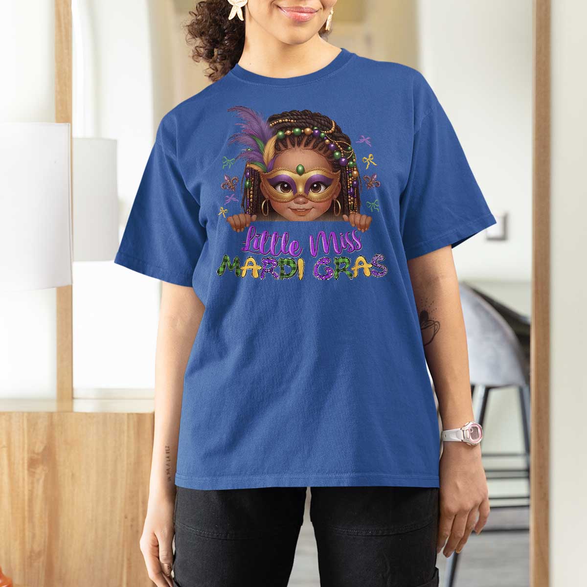 Little Miss Mardi Gras T Shirt For Women Afro Messy Bun Girls Kids Mask Cute New Orleans - Wonder Print Shop