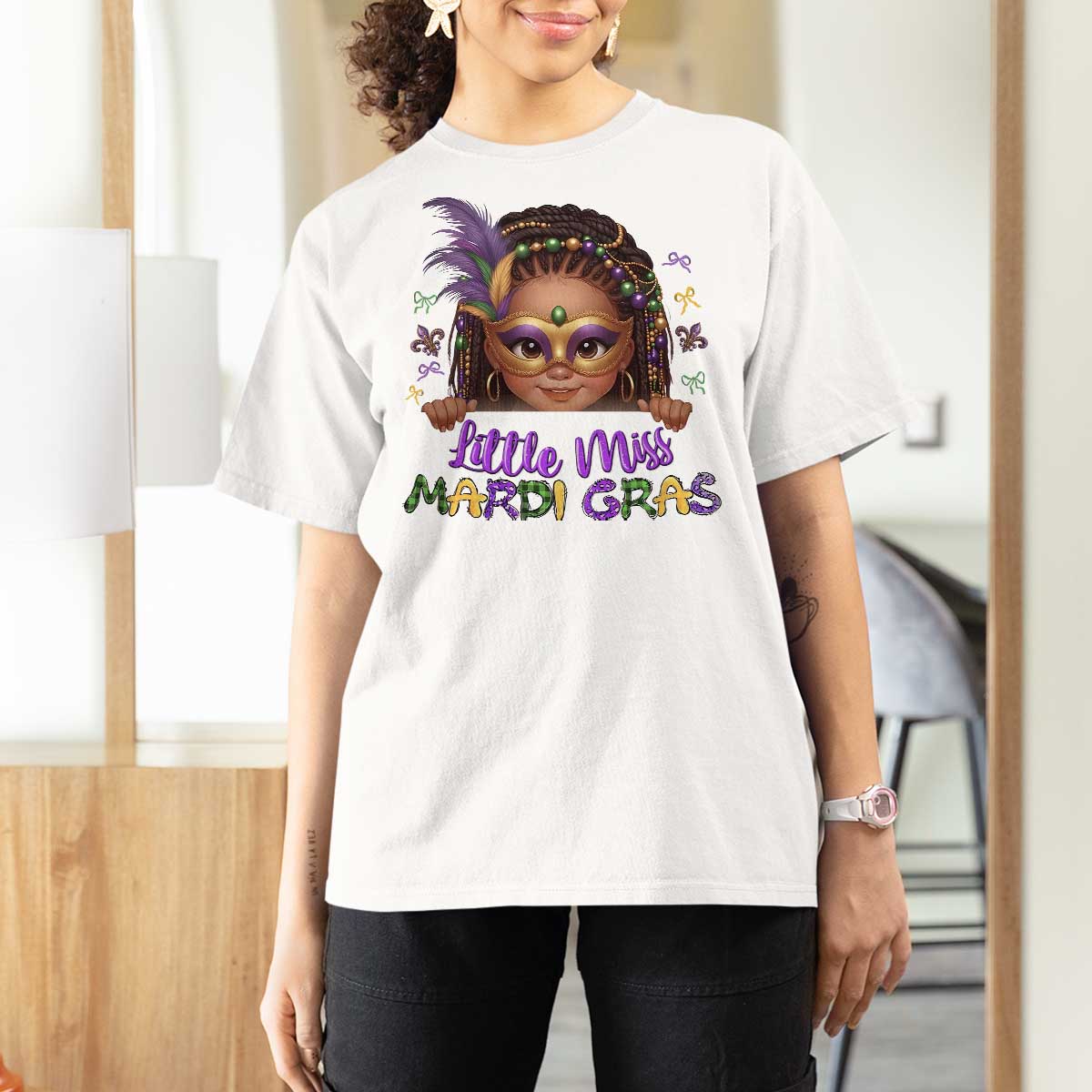Little Miss Mardi Gras T Shirt For Women Afro Messy Bun Girls Kids Mask Cute New Orleans - Wonder Print Shop
