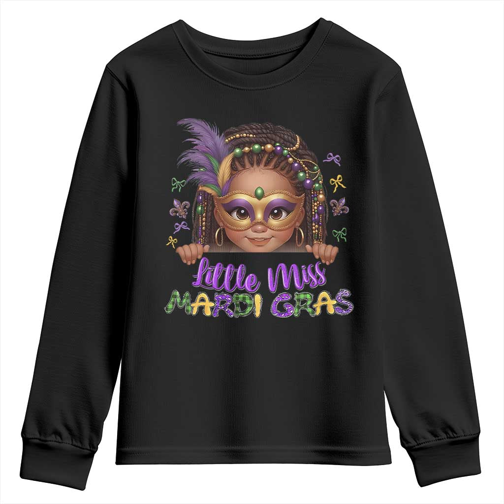 Little Miss Mardi Gras Youth Sweatshirt Afro Messy Bun Girls Kids Mask Cute New Orleans - Wonder Print Shop