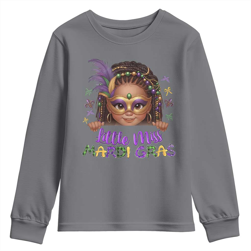 Little Miss Mardi Gras Youth Sweatshirt Afro Messy Bun Girls Kids Mask Cute New Orleans - Wonder Print Shop