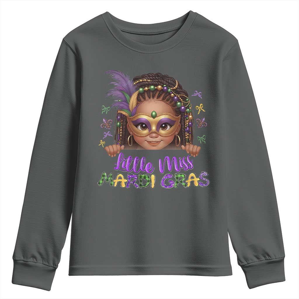 Little Miss Mardi Gras Youth Sweatshirt Afro Messy Bun Girls Kids Mask Cute New Orleans - Wonder Print Shop