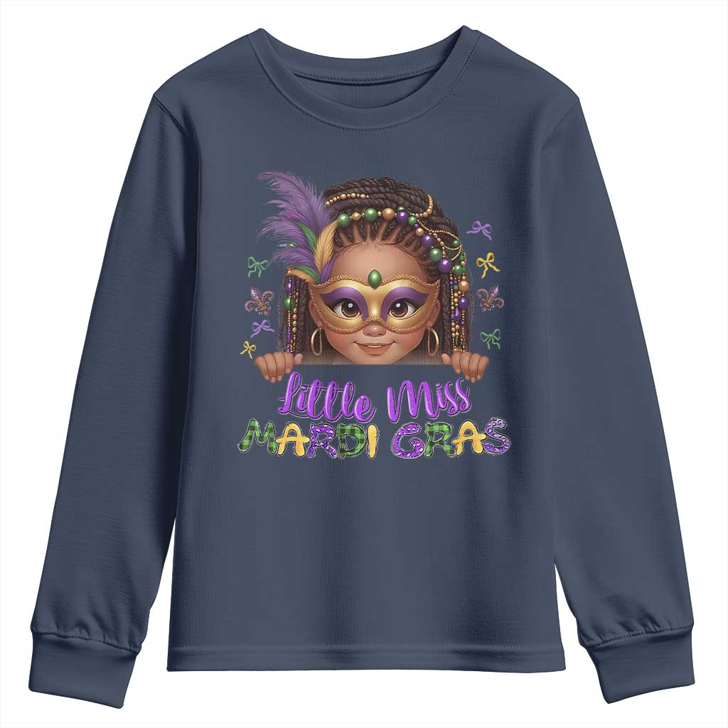 Little Miss Mardi Gras Youth Sweatshirt Afro Messy Bun Girls Kids Mask Cute New Orleans - Wonder Print Shop