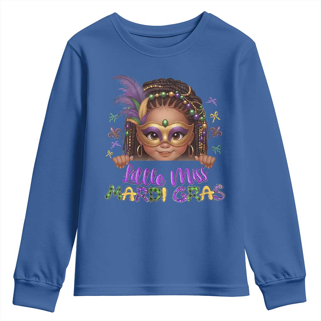 Little Miss Mardi Gras Youth Sweatshirt Afro Messy Bun Girls Kids Mask Cute New Orleans - Wonder Print Shop
