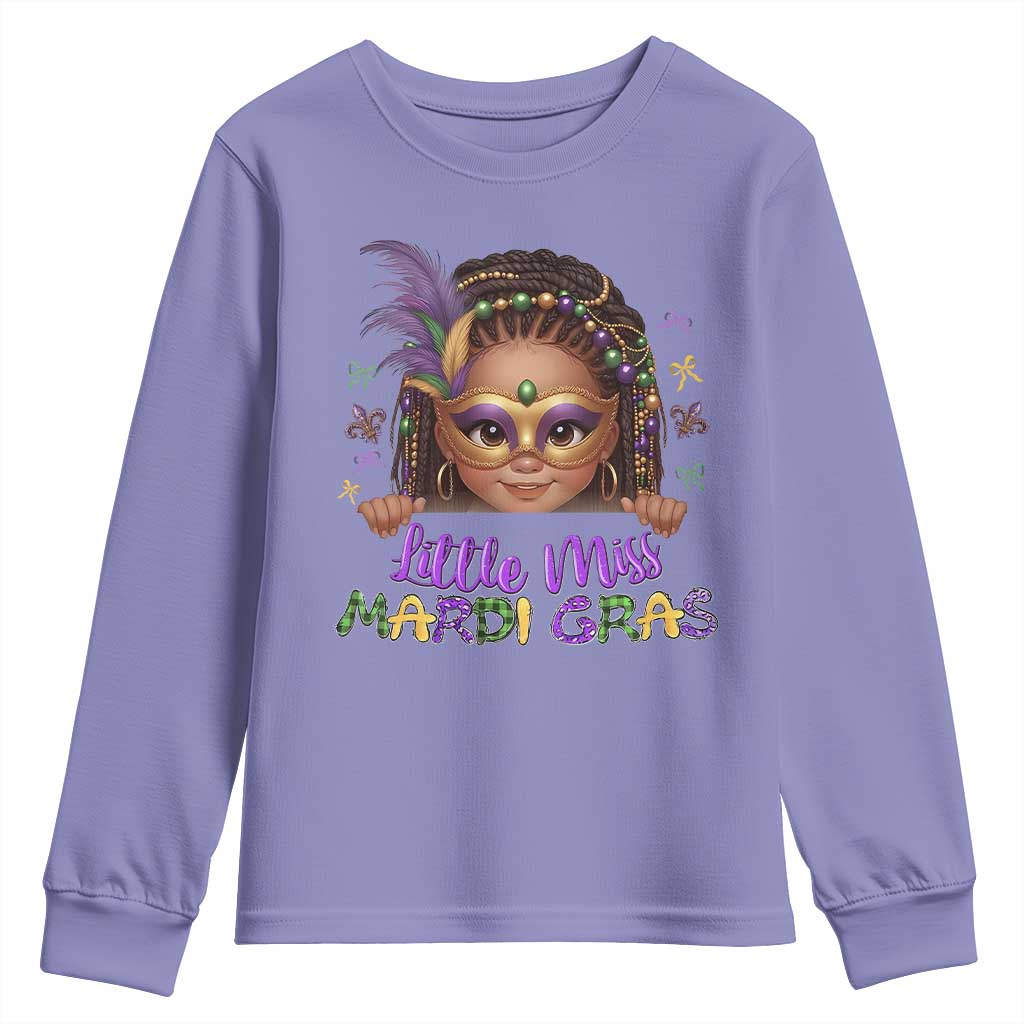 Little Miss Mardi Gras Youth Sweatshirt Afro Messy Bun Girls Kids Mask Cute New Orleans - Wonder Print Shop
