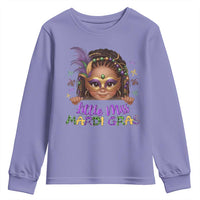 Little Miss Mardi Gras Youth Sweatshirt Afro Messy Bun Girls Kids Mask Cute New Orleans - Wonder Print Shop
