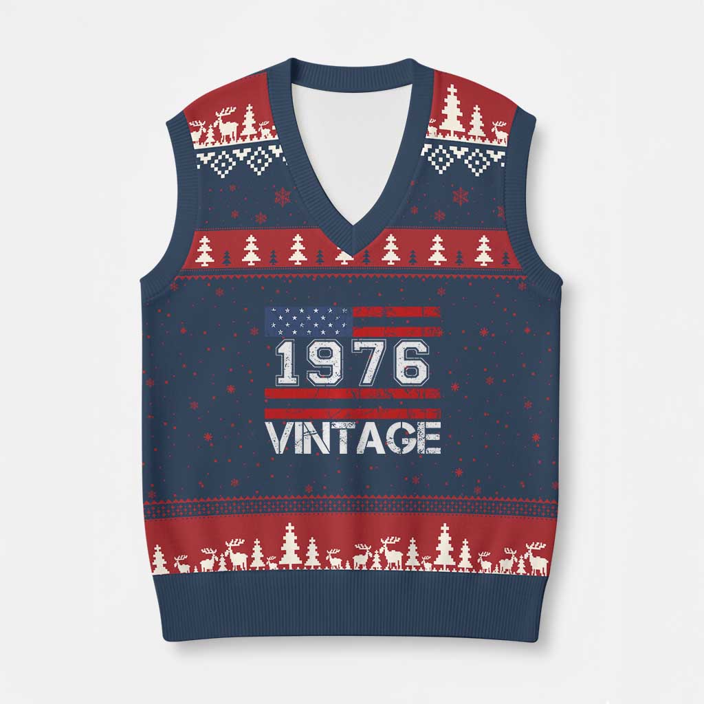 Vintage 50th Birthday V-Neck Knit Sweater Vest Retro 1976 American Flag 50 Year Old