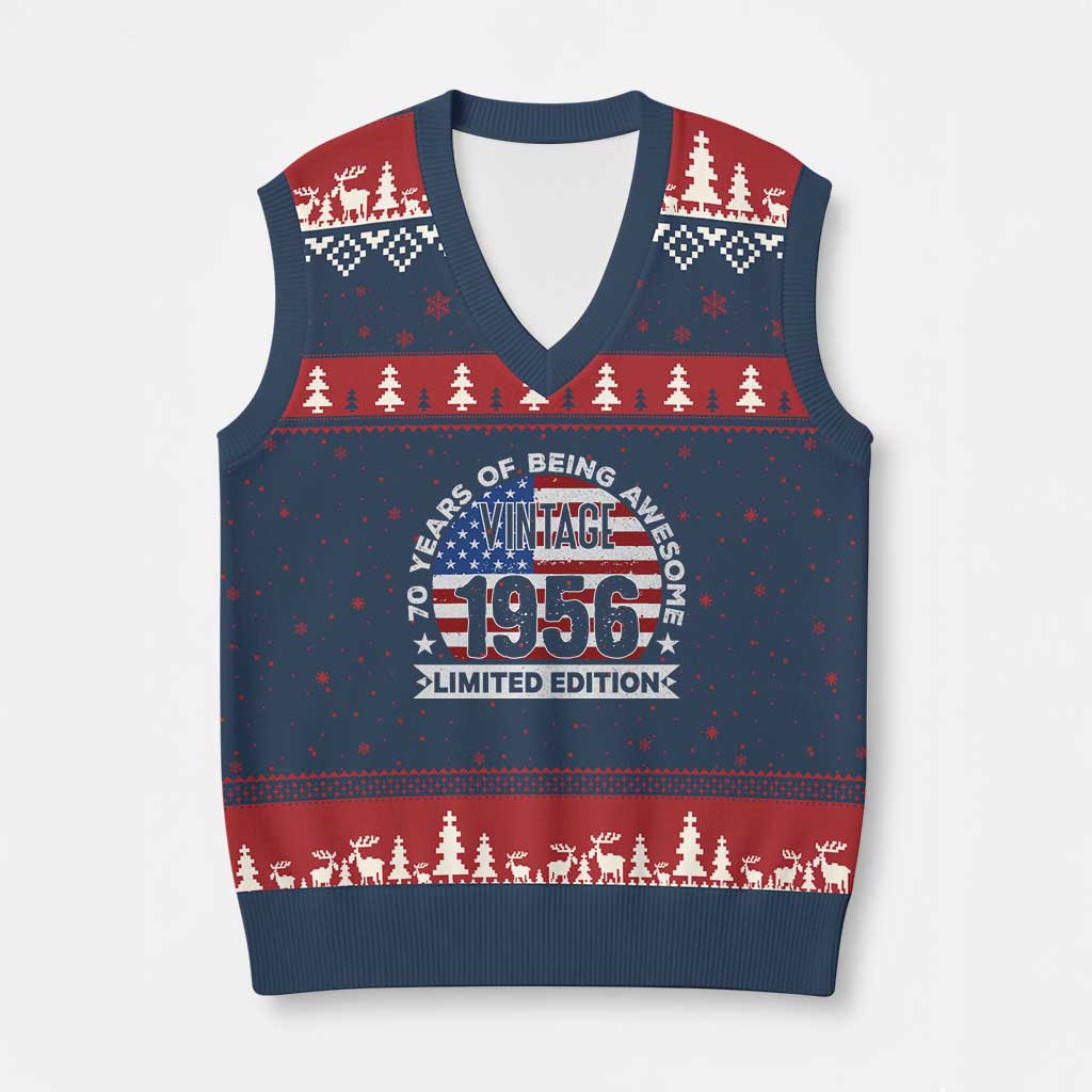 70th Birthday V-Neck Knit Sweater Vest Vintage 1956 70 Year Old Birthday American Flag