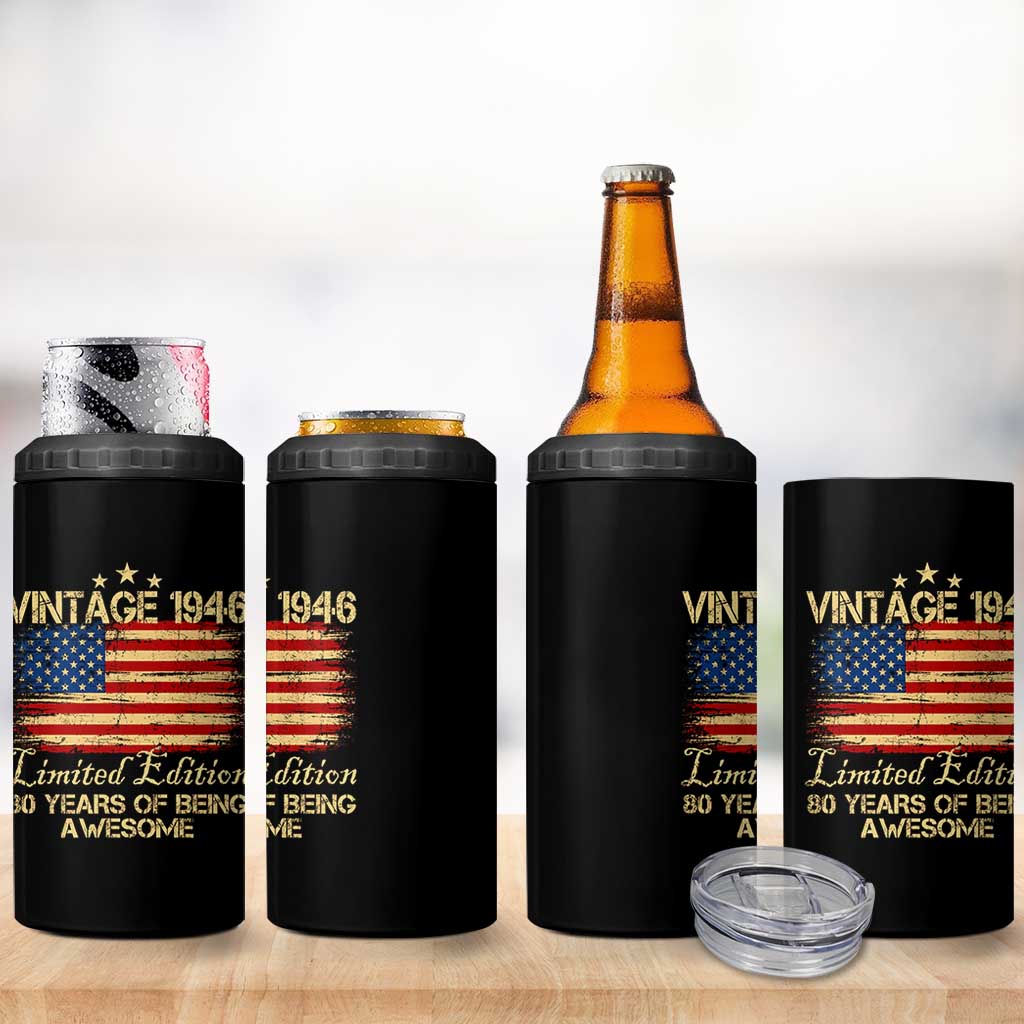 80th Birthday 4 in 1 Can Cooler Tumbler Vintage 1946 Limited Edition 80 Year Old Birthday USA Flag