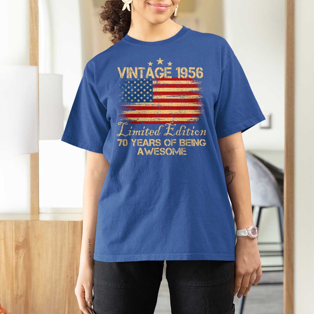70th Birthday T Shirt For Women Vintage 1956 Limited Edition 70 Year Old Birthday USA Flag
