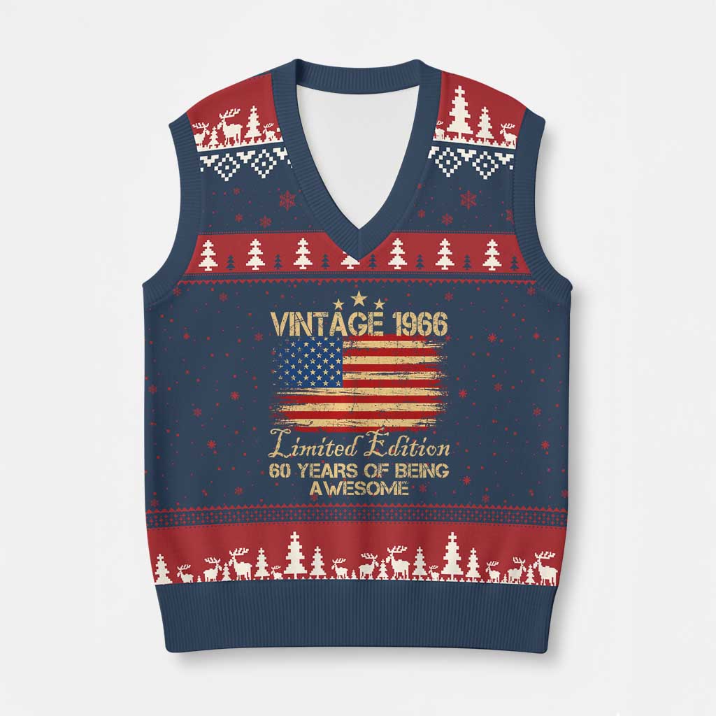 60th Birthday V-Neck Knit Sweater Vest Vintage 1966 Limited Edition 60 Year Old Birthday USA Flag