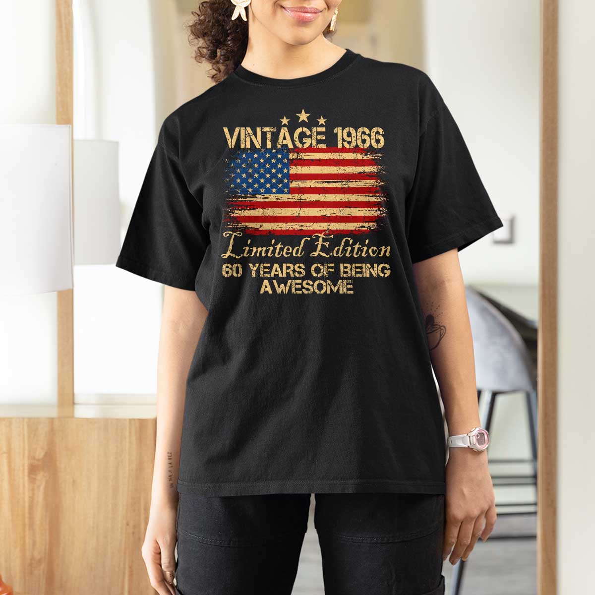 60th Birthday T Shirt For Women Vintage 1966 Limited Edition 60 Year Old Birthday USA Flag