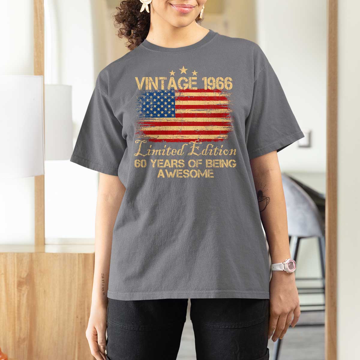 60th Birthday T Shirt For Women Vintage 1966 Limited Edition 60 Year Old Birthday USA Flag