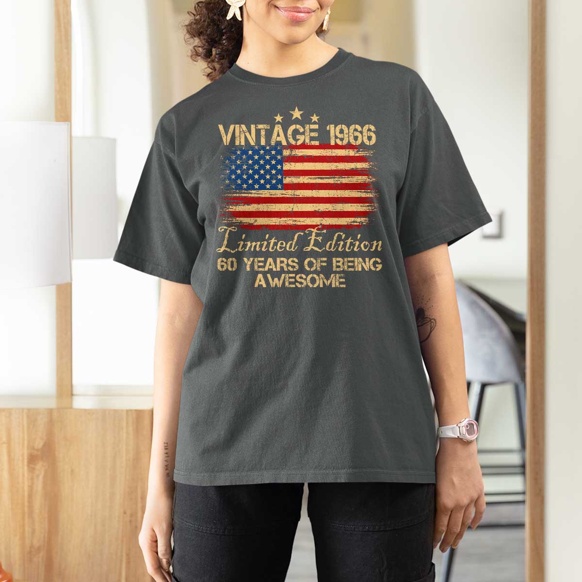 60th Birthday T Shirt For Women Vintage 1966 Limited Edition 60 Year Old Birthday USA Flag