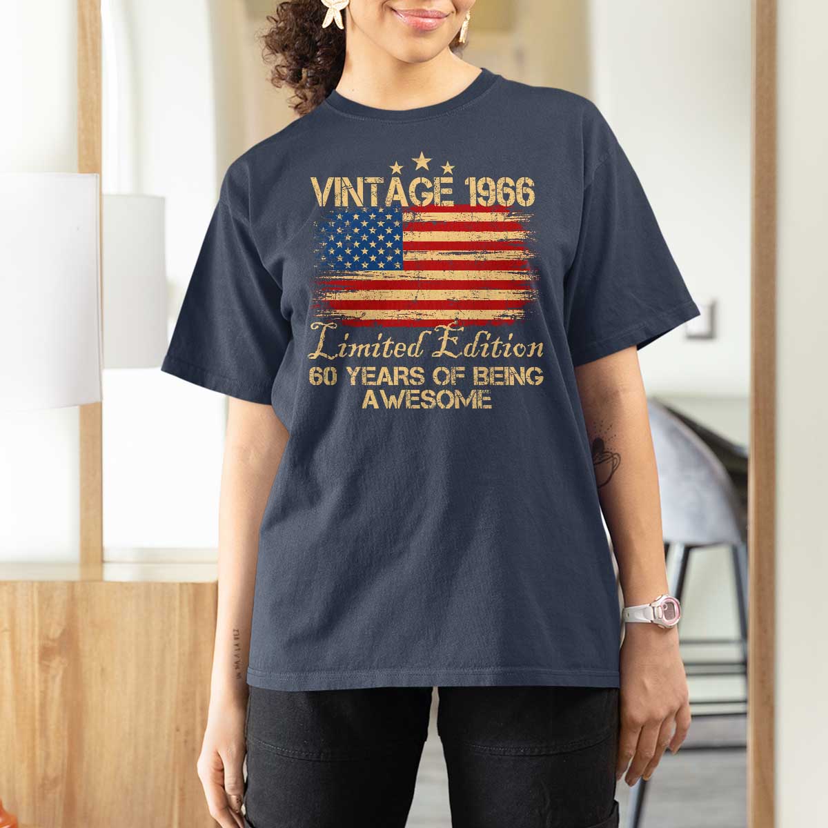 60th Birthday T Shirt For Women Vintage 1966 Limited Edition 60 Year Old Birthday USA Flag