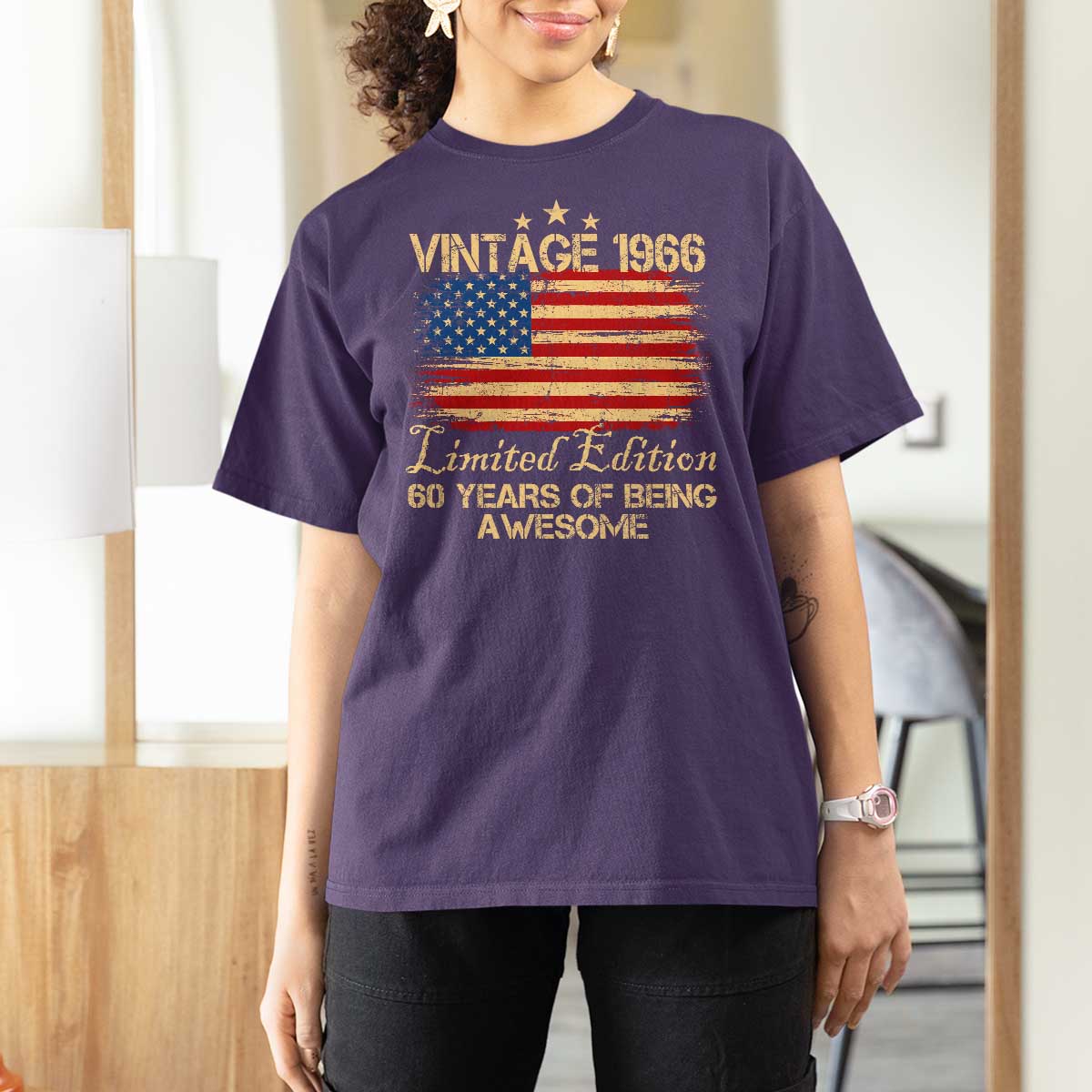 60th Birthday T Shirt For Women Vintage 1966 Limited Edition 60 Year Old Birthday USA Flag