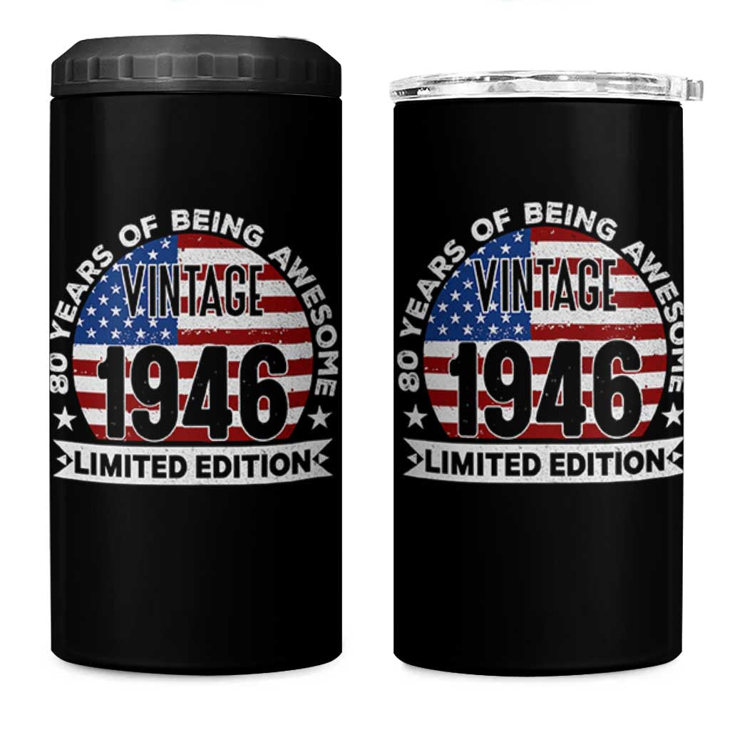 80th Birthday 4 in 1 Can Cooler Tumbler Vintage 1946 80 Year Old Birthday American Flag